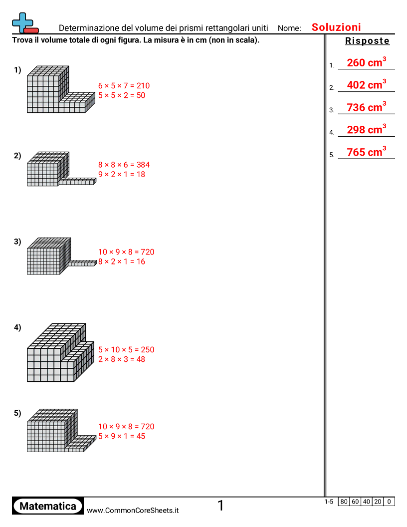 Esercizi sui Volumi - Determinare il volume di prismi rettangolari uniti worksheet
