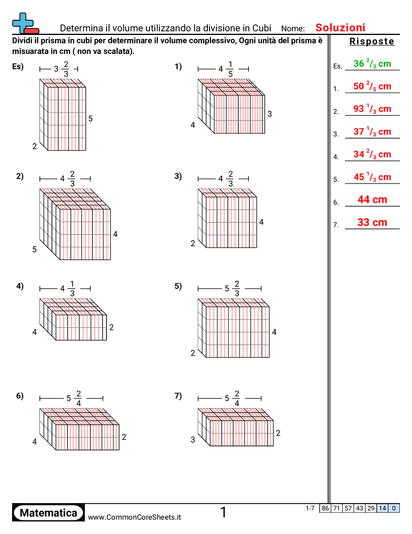 Esercizi sui Volumi - Usare cubi per trovare il volume (lati frazionari) worksheet