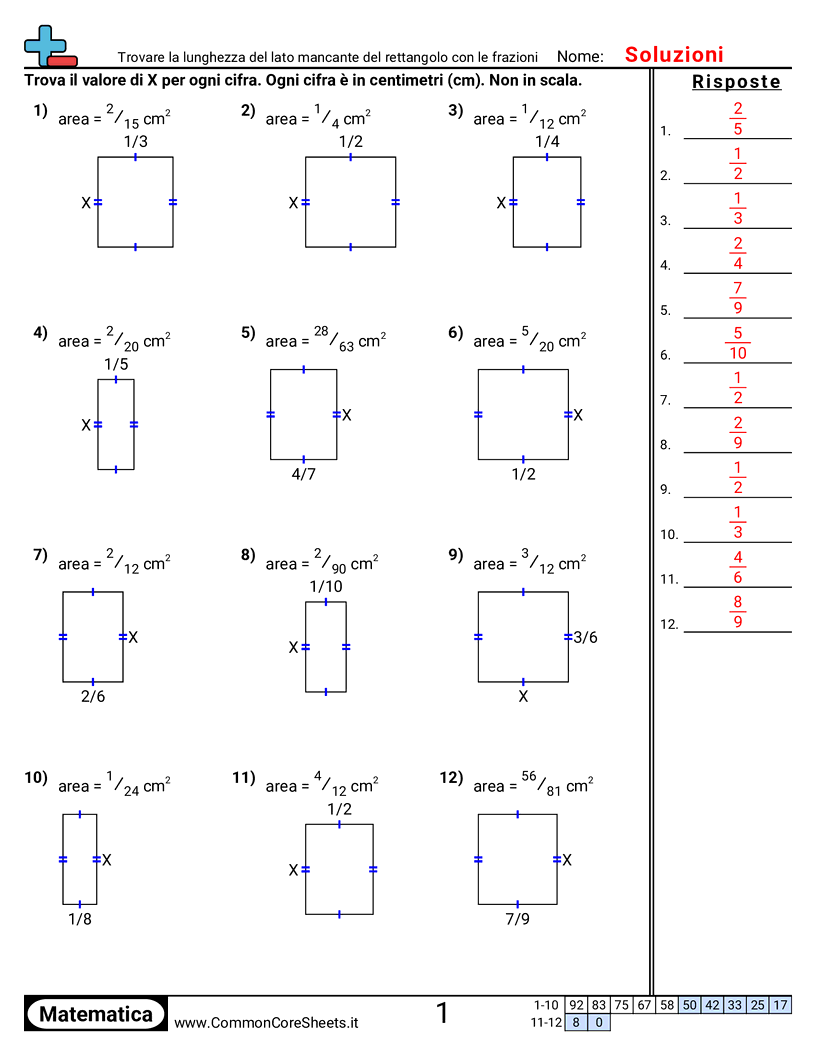 Esercizi su Area e Perimetro - trovare-il-lato-mancante-di-un-rettangolo-con-frazioni worksheet