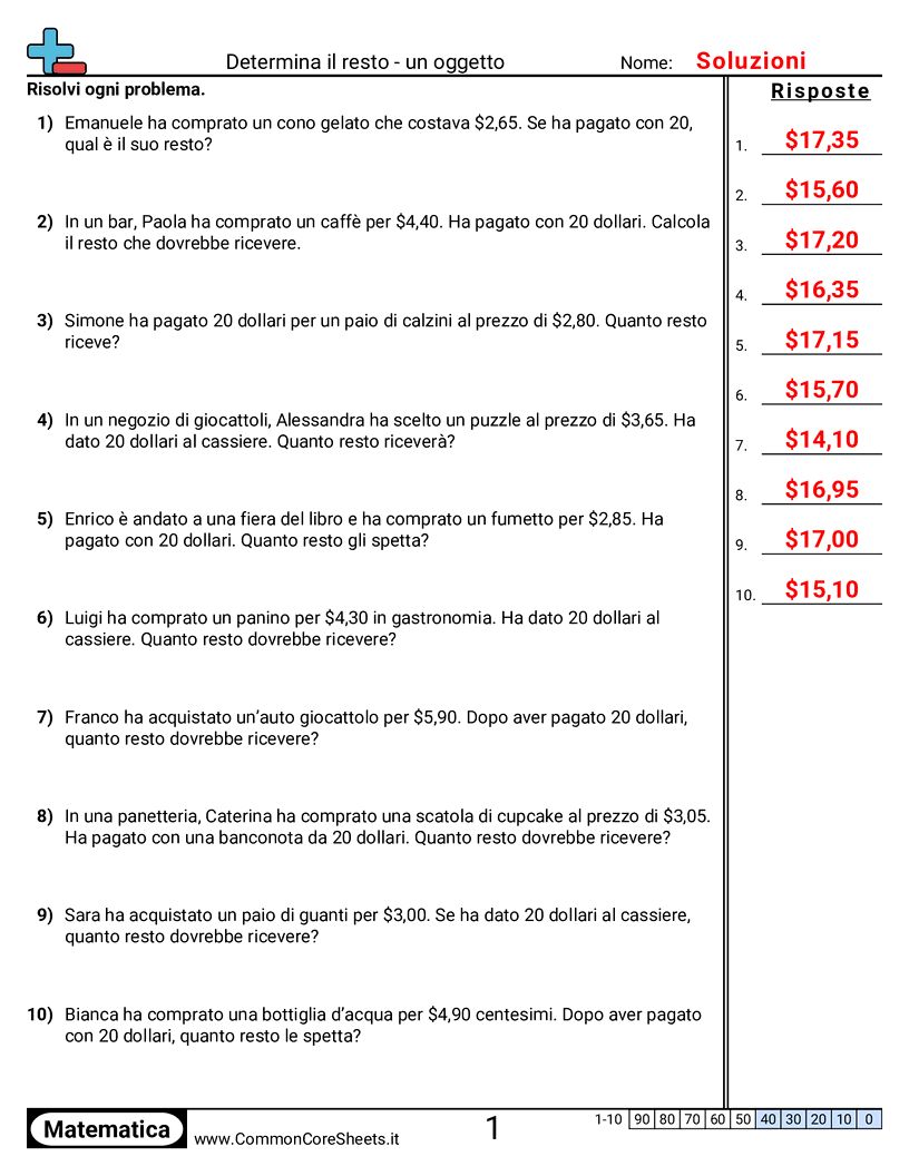 Esercizi con i Soldi - un-articolo-un-costo worksheet