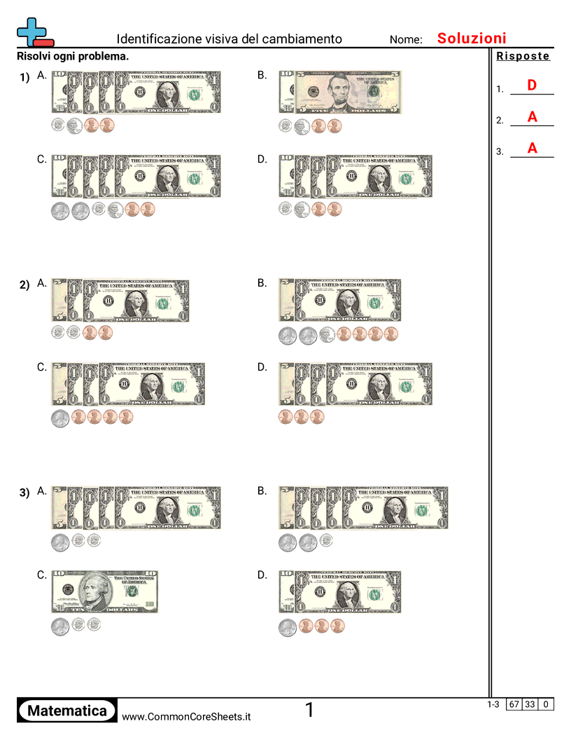 Esercizi con i Soldi - identificare-il-resto-visivamente worksheet
