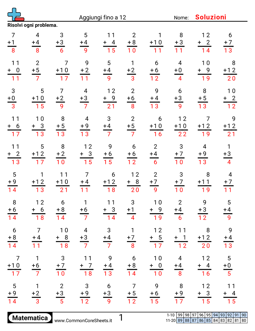 Addendo fino a 12 worksheet preview