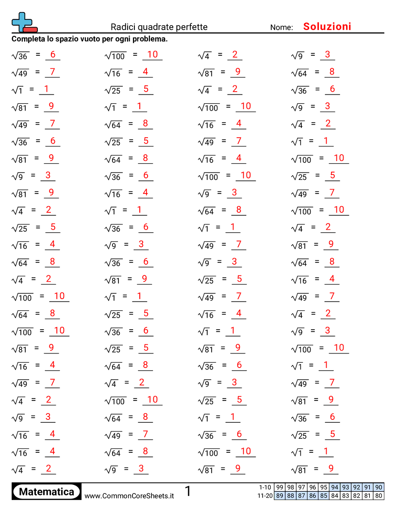 Radici quadrate perfette worksheet preview