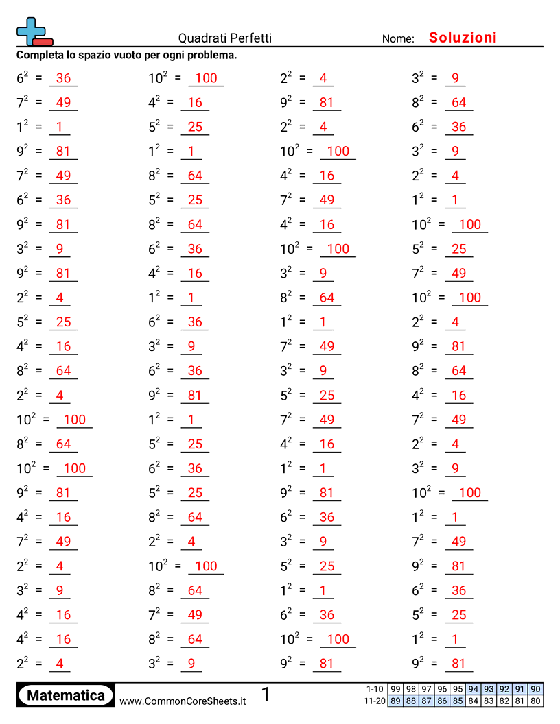 Quadrati perfetti worksheet preview