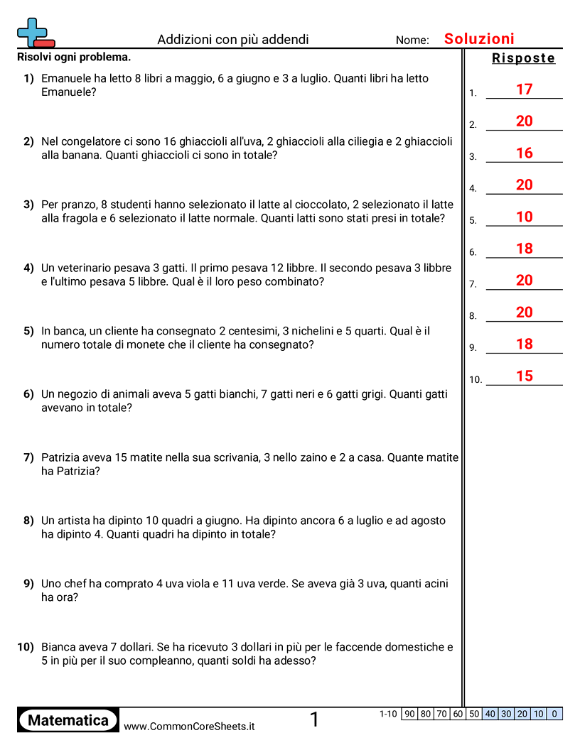 1st Grade Esercizi sulle Addizioni - Tre addendi (minori di 20) (problemi a parole) worksheet