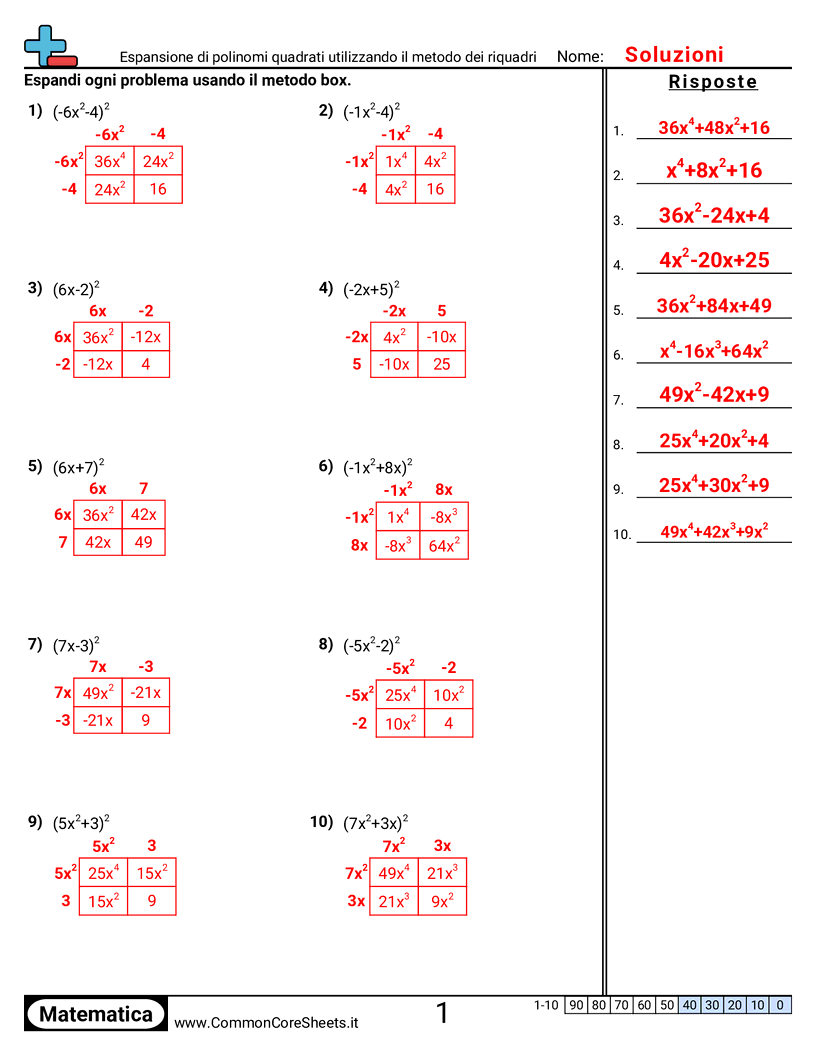 Espandere polinomi quadratici con il metodo della griglia worksheet preview