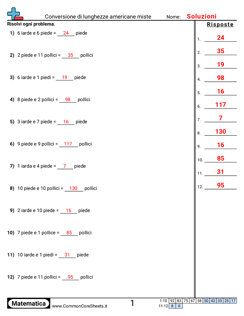 Convertire misure miste (sistema USA) worksheet preview
