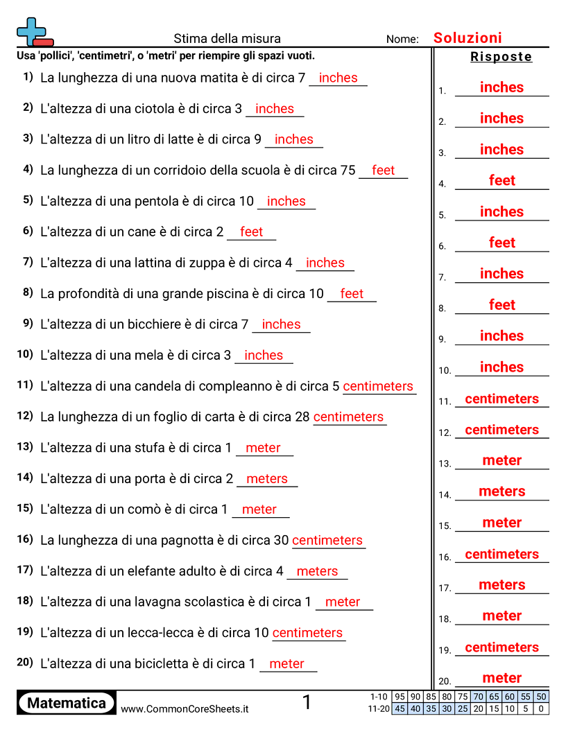 Stima delle misure (testo) worksheet preview