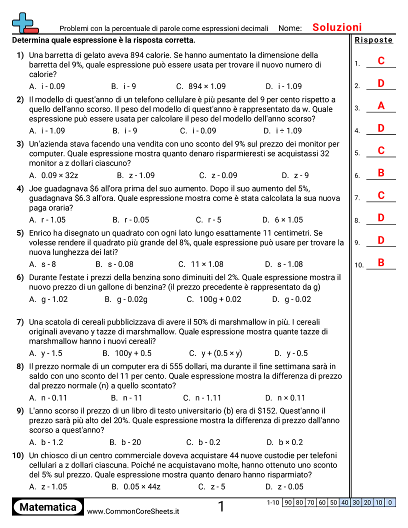 Problemi percentuali come espressioni decimali worksheet preview
